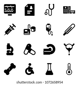 Solid vector icon set - diagnostic monitor vector, patient card, stethoscope, hospital building, syringe, tonometer, drop counter, thermometer, lab, pills, mri, bladder, broken bone, disabled, flask