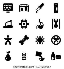 Solid vector icon set - diagnostic monitor vector, vial, pipette, treadmill, heart gear, stomach, pull ups, gymnastics, broken bone, sun, fork spoon plate, pear, spica, cereal, uv cream