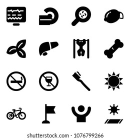 Solid vector icon set - diagnostic monitor vector, mri, bacteria, lemon, three leafs, liver, pull ups, broken bone, no smoking sign, alcohol, tooth brush, sun, bike, flag, success, mat