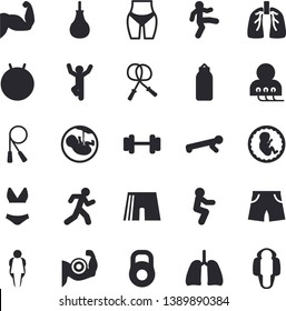 Solid vector icon set - diagnostics flat vector, embryo, lungs, dumbbell, weight, muscles, waistline, skipping rope, sports pear, athletic shorts, fitball, swimsuit, gymnastics, squats, push up, run