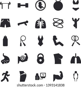 Solid vector icon set - diagnostics flat vector, embryo, breast, stomach, lungs, dumbbell, barbell, weight, muscles, buttocks, skipping rope, sports pear, athletic shorts, fitball, swimsuit, push up