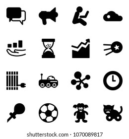 Solid vector icon set - dialog vector, megaphone, cloud, growth, sand clock, first satellite, sun panel, moon rover, molecule, oiler, soccer ball, doll, toy cat