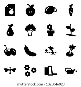 Solid vector icon set - diet list vector, apple, lemon, carrot, pear, broccoli, flower pot, sproute, coconut cocktail, banana, palm, dragonfly, water power plant, oiler