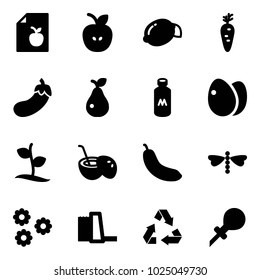 Solid vector icon set - diet list vector, apple, lemon, carrot, eggplant, pear, milk, eggs, sproute, coconut cocktail, banana, dragonfly, flower, water power plant, recycling, oiler