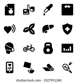 Solid vector icon set - diet list vector, tonometer, pipette, floor scales, heart beat, three leafs, liver, medical mask, bike, weight, statistics, mobile monitor, cereal, mat, badminton