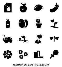 Solid vector icon set - diet list vector, apple, lemon, eggplant, milk, eggs, flower pot, sproute, coconut cocktail, palm, dragonfly, water power plant, oiler