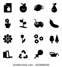 Solid vector icon set - diet list vector, apple, lemon, pear, flower pot, sproute, coconut cocktail, banana, tulip, forest, water power plant, recycling, oiler