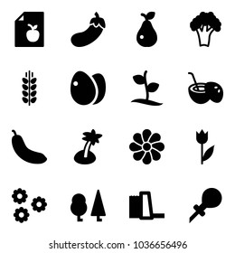 Solid vector icon set - diet list vector, eggplant, pear, broccoli, spica, eggs, sproute, coconut cocktail, banana, palm, flower, tulip, forest, water power plant, oiler