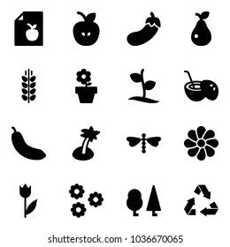 Solid vector icon set - diet list vector, apple, eggplant, pear, spica, flower pot, sproute, coconut cocktail, banana, palm, dragonfly, tulip, forest, recycling