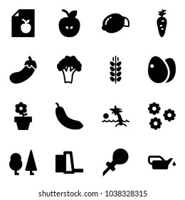 Solid vector icon set - diet list vector, apple, lemon, carrot, eggplant, broccoli, spica, eggs, flower pot, banana, palm, forest, water power plant, oiler