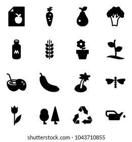 Solid vector icon set - diet list vector, carrot, pear, broccoli, milk, spica, flower pot, sproute, coconut cocktail, banana, palm, dragonfly, tulip, forest, recycling, oiler