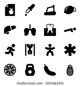 Solid vector icon set - diet list vector, pipette, treadmill, lemon, liver, lungs, tooth, push ups, run, pull, gymnastics, ambulance star, slice, weight, banana, pineapple