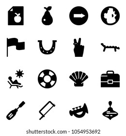 Solid vector icon set - diet list vector, pear, only right road sign, globe, flag, luck, victory, lounger, beach, lifebuoy, shell, case, chisel, metal hacksaw, horn toy, wirligig