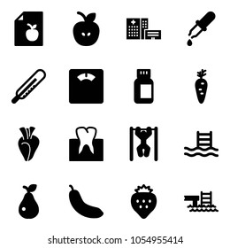 Solid vector icon set - diet list vector, apple, hospital building, pipette, thermometer, floor scales, pills bottle, carrot, heart, tooth, pull ups, pool, pear, banana, strawberry
