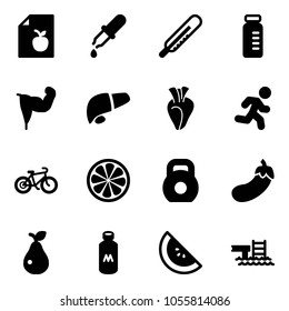 Solid vector icon set - diet list vector, pipette, thermometer, vial, power hand, liver, heart, run, bike, lemon slice, weight, eggplant, pear, milk, watermelone, pool