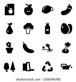 Solid vector icon set - diet list vector, apple, lemon, eggplant, pear, broccoli, milk, eggs, flower pot, banana, palm, forest, water power plant, recycling, oiler