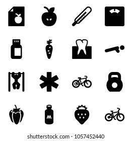 Solid vector icon set - diet list vector, apple, thermometer, floor scales, pills bottle, carrot, tooth, push ups, pull, ambulance star, bike, weight, sweet pepper, milk, strawberry