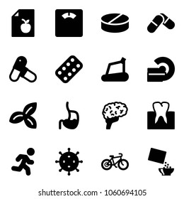 Solid vector icon set - diet list vector, floor scales, pill, pills, blister, treadmill, mri, three leafs, stomach, brain, tooth, run, virus, bike, cereal