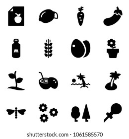 Solid vector icon set - diet list vector, lemon, carrot, eggplant, milk, spica, eggs, flower pot, sproute, coconut cocktail, palm, dragonfly, forest, oiler