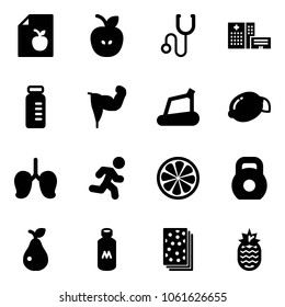 Solid vector icon set - diet list vector, apple, stethoscope, hospital building, vial, power hand, treadmill, lemon, lungs, run, slice, weight, pear, milk, breads, pineapple