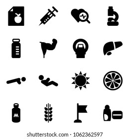 Solid vector icon set - diet list vector, syringe, heart diagnosis, lab, vial, power hand, mri, liver, push ups, abdominal muscles, sun, lemon slice, milk, spica, flag, uv cream