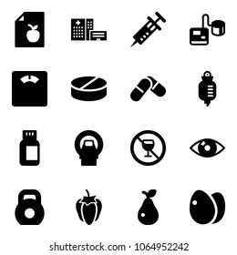 Solid vector icon set - diet list vector, hospital building, syringe, tonometer, floor scales, pill, pills, drop counter, bottle, mri, no alcohol sign, eye, weight, sweet pepper, pear, eggs