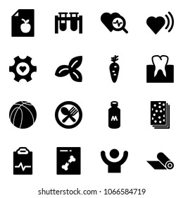 Solid Vector Icon Set - Diet List Vector, Vial, Heart Diagnosis, Beat, Gear, Three Leafs, Carrot, Tooth, Basketball Ball, Fork Spoon Plate, Milk, Breads, Pulse Clipboard, X Ray, Success, Mat