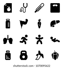 Solid vector icon set - diet list vector, stethoscope, thermometer, floor scales, vial, power hand, carrot, liver, lungs, run, gymnastics, abdominal muscles, pills bottle, weight, banana