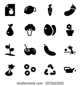 Solid vector icon set - diet list vector, lemon, carrot, eggplant, pear, broccoli, eggs, flower pot, sproute, coconut cocktail, banana, palm, recycling, oiler