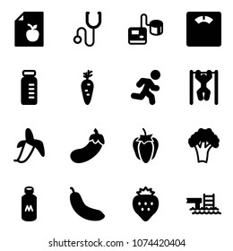 Solid vector icon set - diet list vector, stethoscope, tonometer, floor scales, vial, carrot, run, pull ups, banana, eggplant, sweet pepper, broccoli, milk, strawberry, pool