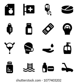 Solid vector icon set - diet list vector, first aid room, drop counter, pill, pills bottle, medical patch, mri, bladder, mask, hand, liquid soap, pool, uv cream, lawn mower