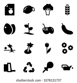 Solid vector icon set - diet list vector, lemon, broccoli, spica, eggs, sproute, coconut cocktail, banana, palm, tulip, flower, water power plant, recycling, oiler