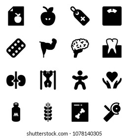 Solid Vector Icon Set - Diet List Vector, Apple, Medical Label, Floor Scales, Pills Blister, Power Hand, Brain, Tooth, Kidneys, Pull Ups, Gymnastics, Heart Care, Milk, Spica, X Ray, Angular Grinder