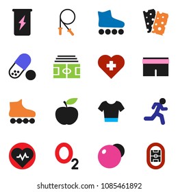 solid vector icon set - diet vector, heart pulse, stadium, jump rope, fitball, shorts, t shirt, roller Skates, pills, enegry drink, breads, cross, oxygen, run