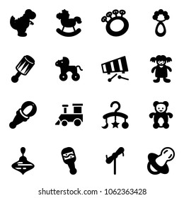 Solid vector icon set - dinosaur toy vector, rocking horse, beanbag, wheel, xylophone, doll, train, baby carousel, bear, wirligig, windmill, soother