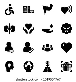 Solid vector icon set - disabled vector, hospital building, power hand, heart beat, kidneys, care, drop, virus, user login, check, group, head bulb, man globe, dollar, fingerprint scanner