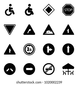 Solid vector icon set - disabled vector, main road sign, stop, giving way, turn right, climb, intersection, limited height, only forward, detour, end overtake limit, outdoor cafe