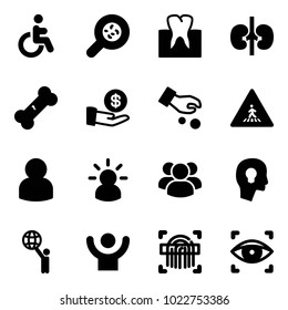 Solid vector icon set - disabled vector, bacteria, tooth, kidneys, broken bone, investment, pedestrian road sign, user, idea, group, head bulb, world, success, fingerprint scanner, eye