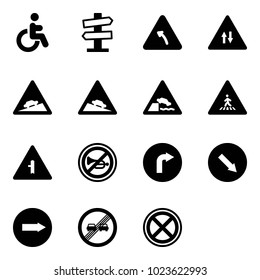 Solid vector icon set - disabled vector, road signpost sign, turn left, oncoming traffic, climb, steep descent, embankment, pedestrian, intersection, no horn, only right, detour, end overtake limit