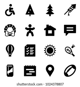 Solid vector icon set - disabled vector, christmas tree, firework rocket, wreath, gymnastics, home, chat, air balloon, list, sun, badminton, drink, terms plan, navigation pin, football