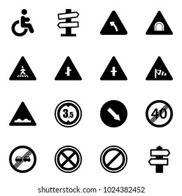 Solid vector icon set - disabled vector, road signpost sign, turn left, tunnel, pedestrian, intersection, side wind, rough, limited height, detour, end speed limit, overtake, no stop, parking