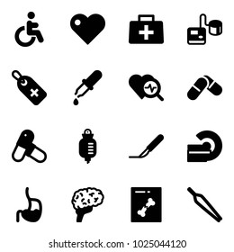 Solid vector icon set - disabled vector, heart, doctor bag, tonometer, medical label, pipette, diagnosis, pills, drop counter, scalpel, mri, stomach, brain, x ray, forceps