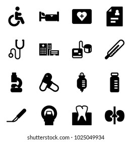 Solid vector icon set - disabled vector, hotel, first aid kit, patient card, stethoscope, hospital building, tonometer, thermometer, lab, pills, drop counter, vial, scalpel, mri, tooth, kidneys