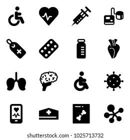 Solid vector icon set - disabled vector, heart pulse, syringe, tonometer, medical label, pills blister, vial, lungs, brain, virus, mobile monitor, doctor hat, x ray, molecule