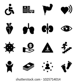 Solid vector icon set - disabled vector, hospital building, power hand, heart beat, lungs, kidneys, eye, virus, investment, pedestrian road sign, career, success, dollar, star man, feet