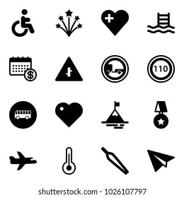 Solid vector icon set - disabled vector, firework, heart, pool, calendar, intersection road sign, no trailer, speed limit 110, bus, mountain, star medal, plane, thermometer, forceps, paper