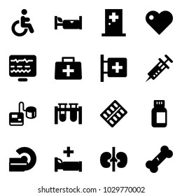 Solid vector icon set - disabled vector, hotel, first aid room, heart, diagnostic monitor, doctor bag, syringe, tonometer, vial, pills blister, bottle, mri, hospital bed, kidneys, broken bone