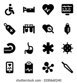 Solid vector icon set - disabled vector, hotel, heart pulse, diagnostic monitor, medical label, vial, diagnosis, drop counter, mri, stomach, ambulance star, virus, mobile, clipboard, molecule