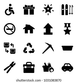 Solid vector icon set - disabled vector, gift, christmas star, ski, no smoking sign, home, uplooad, medal, data exchange, recycling, axe, basin, bolt cutter, tool box, shovel bucket, car