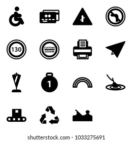 Solid vector icon set - disabled vector, credit card, intersection road sign, no left turn, speed limit 130, customs, printer, paper plane, pennant, gold medal, rainbow, fishing, conveyor, recycling